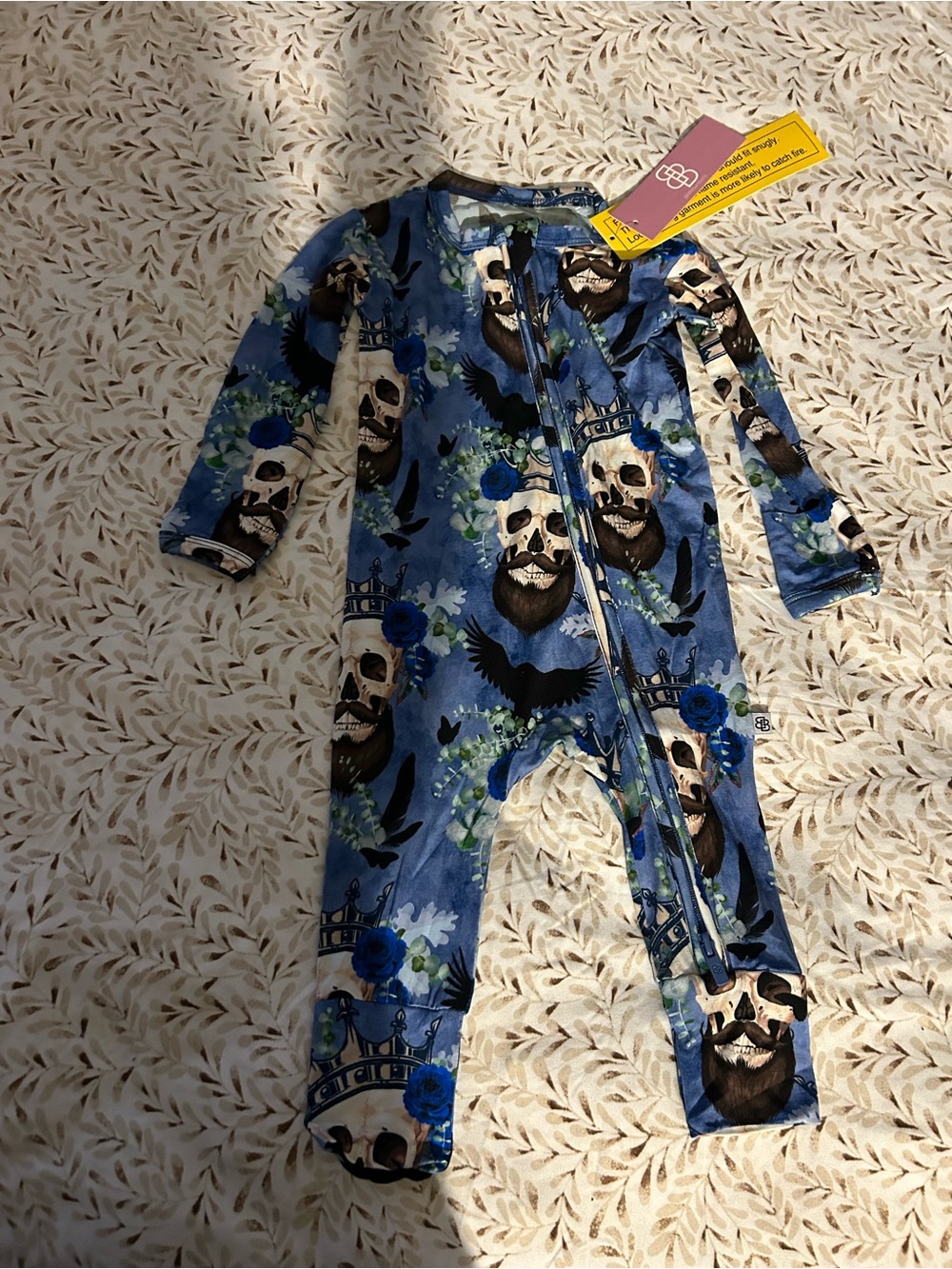 Blue Skull & Floral Zip-Front Kids One-Piece Bodysuit
